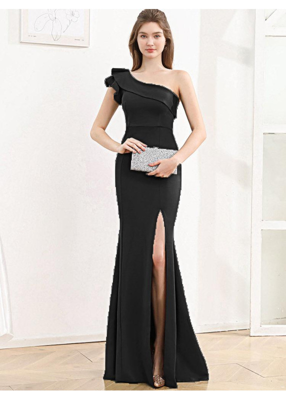 Emerald Green Evening Gown with Asymmetrical Neckline and Side Slit