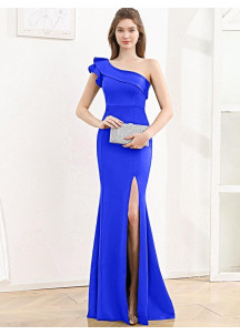 Emerald Green Evening Gown with Asymmetrical Neckline and Side Slit