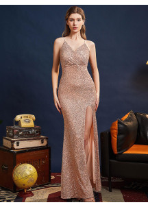 Burgundy Sequined Evening Gown with Delicate Straps