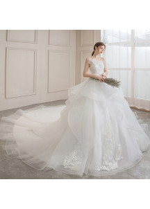 Affordable white tulle wedding dress with floral embroidery