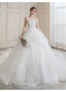 Affordable white tulle wedding dress with floral embroidery