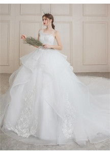 Affordable white tulle wedding dress with floral embroidery