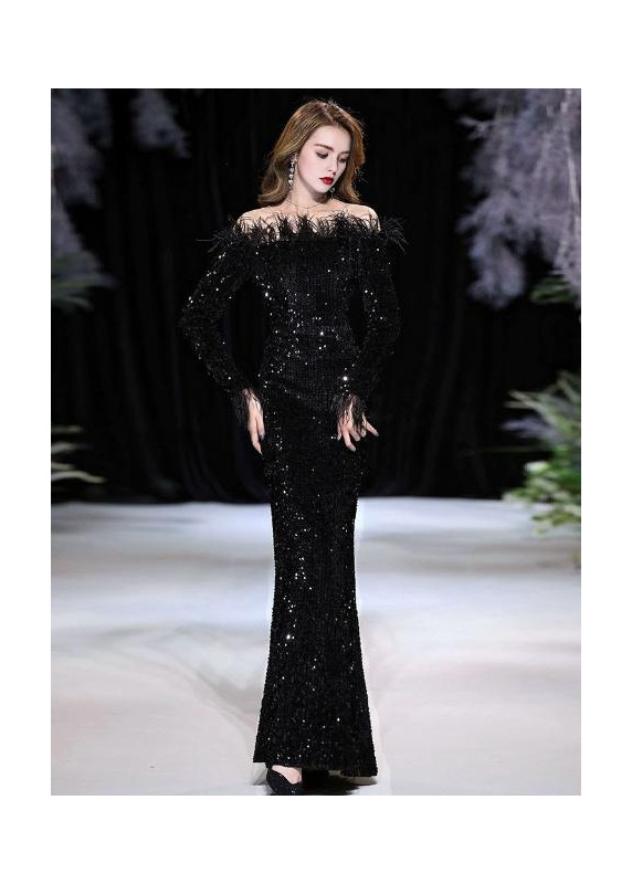 Long Black Evening Gown with Feather Trim