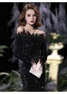 robe de soirée longue noire décolleté bateau rehaussé de plumes