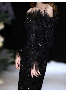 Long Black Evening Gown with Feather Trim