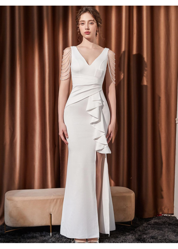 robe de soirée longue blanche coupe sirène avec drapé asymétrique