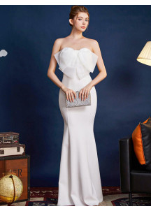 Long White Mermaid Evening Gown with Voluminous Knot