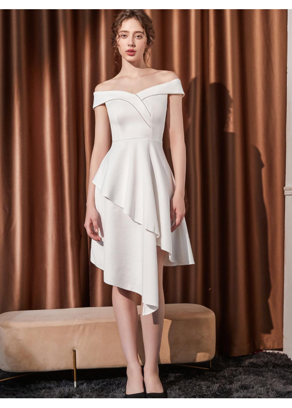 Short White Asymmetrical Cocktail Dress with Boat Neckline