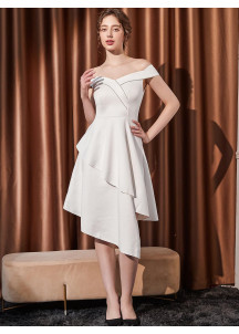 Short White Asymmetrical Cocktail Dress with Boat Neckline