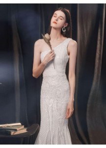 White Mermaid-Cut Prom Dress with Asymmetrical Neckline and Delicate Embellishments