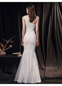 White Mermaid-Cut Prom Dress with Asymmetrical Neckline and Delicate Embellishments