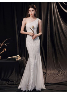 White Mermaid-Cut Prom Dress with Asymmetrical Neckline and Delicate Embellishments