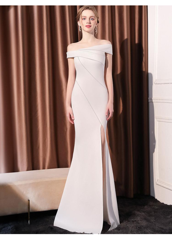 Mermaid Cut White Evening Gown with Asymmetrical Neckline and Side Slit