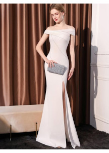 Mermaid Cut White Evening Gown with Asymmetrical Neckline and Side Slit