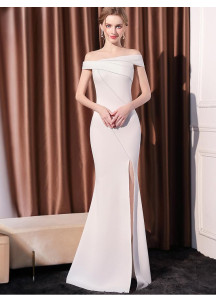 Mermaid Cut White Evening Gown with Asymmetrical Neckline and Side Slit