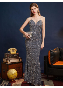 Grey Sequined Evening Gown with Spaghetti Straps