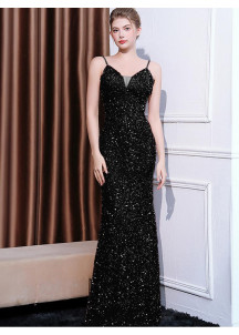 Grey Sequined Evening Gown with Spaghetti Straps