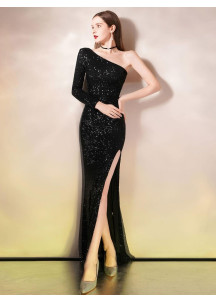 Black Formal Dress with One Long Sleeve and Side Slit