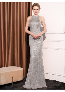 Silver Sequined Evening Gown with Halter Neck and Delicate Silver Chains