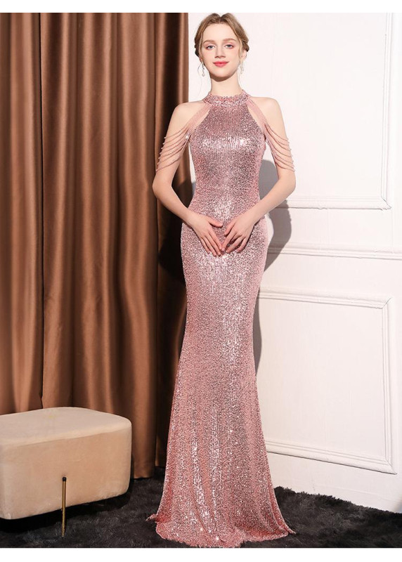 Silver Sequined Evening Gown with Halter Neck and Delicate Silver Chains