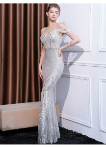 Silver Mermaid Evening Gown with Fringe on Shoulders