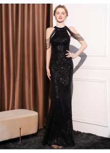 Black Sequined Evening Gown with Halter Neck and Delicate Silver Chains