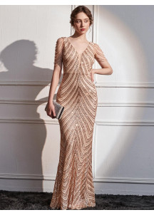 Champagne-Colored Ball Gown with V-Neck and Linear Sequin Pattern