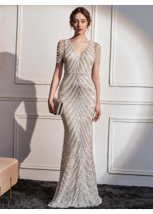 Champagne-Colored Ball Gown with V-Neck and Linear Sequin Pattern