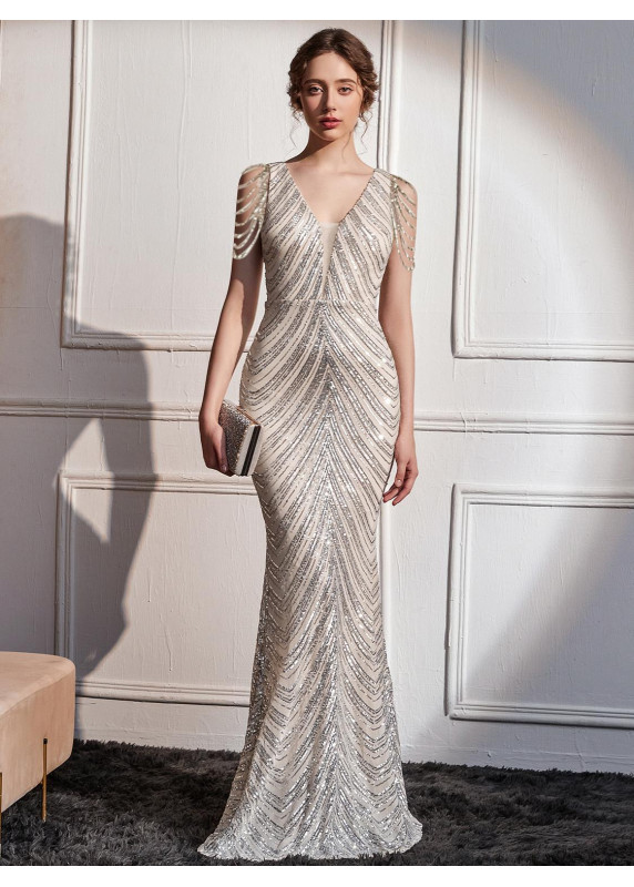 Champagne-Colored Ball Gown with V-Neck and Linear Sequin Pattern