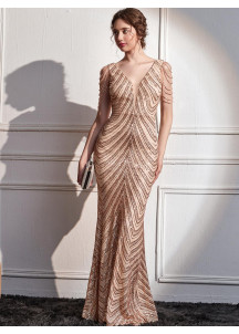 Champagne-Colored Ball Gown with V-Neck and Linear Sequin Pattern