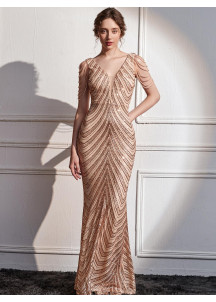 Champagne-Colored Ball Gown with V-Neck and Linear Sequin Pattern