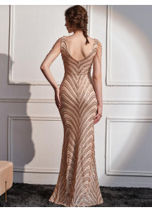 Champagne-Colored Ball Gown with V-Neck and Linear Sequin Pattern