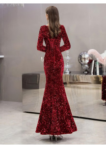 Burgundy Sequined Evening Gown with V-Neckline and Long Sleeves