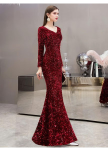 Burgundy Sequined Evening Gown with V-Neckline and Long Sleeves