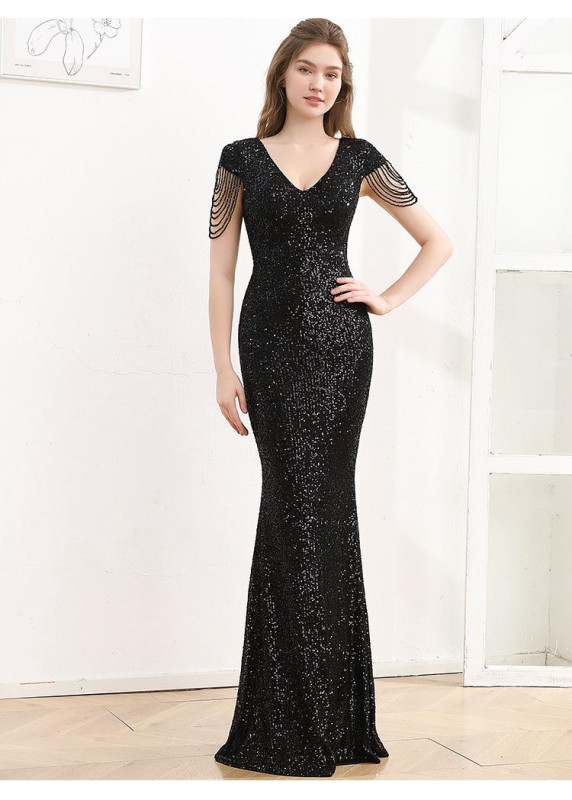 Black Sequined Mermaid Evening Gown with Short Sleeves and Chain Details