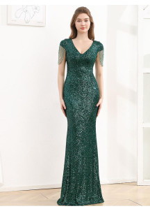 Black Sequined Mermaid Evening Gown with Short Sleeves and Chain Details