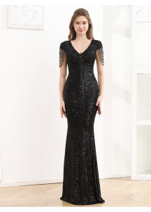 Black Sequined Mermaid Evening Gown with Short Sleeves and Chain Details