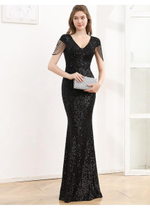 Black Sequined Mermaid Evening Gown with Short Sleeves and Chain Details