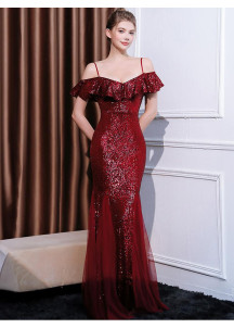 Burgundy Red Ball Gown with Thin Straps and Delicate Ruffles