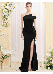 Black Ball Gown One-Shoulder Asymmetrical Design with Side Slit