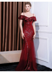 Burgundy Red Ball Gown with Thin Straps and Delicate Ruffles