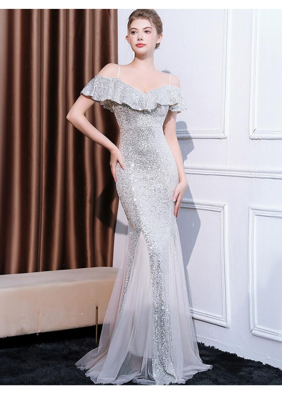 Silver Ball Gown with Thin Straps and Delicate Ruffles