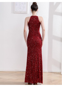 robe de bal bordeaux à paillettes scintillantes avec fente haute