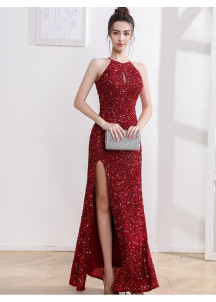 robe de bal bordeaux à paillettes scintillantes avec fente haute