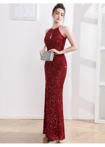 robe de bal bordeaux à paillettes scintillantes avec fente haute