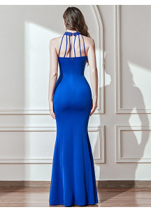 Royal Blue Ball Gown with High Neckline, Pearl Detailing, and Slit Skirt