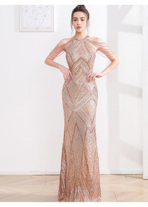 Champagne Sequined Evening Gown with Geometric Pattern