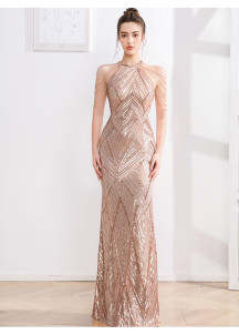 Champagne Sequined Evening Gown with Geometric Pattern