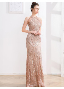 Champagne Sequined Evening Gown with Geometric Pattern