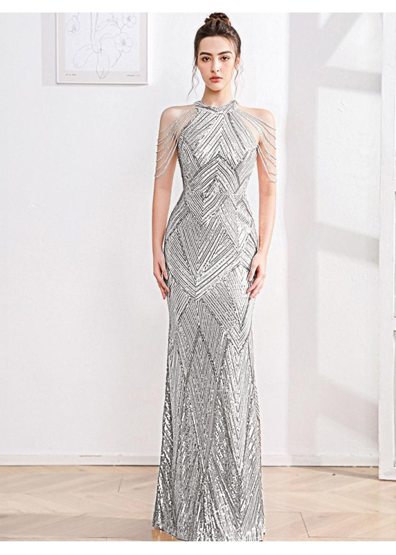 Champagne Sequined Evening Gown with Geometric Pattern